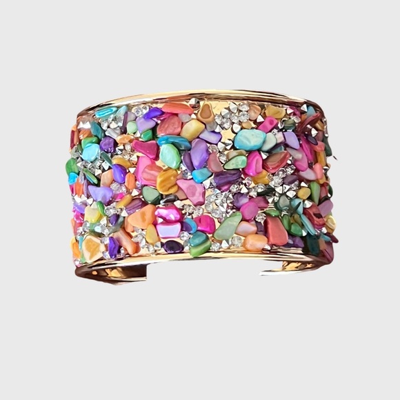 Multicolor Stone Embellished Gold Cuff Bracelet - Picture 4 of 10